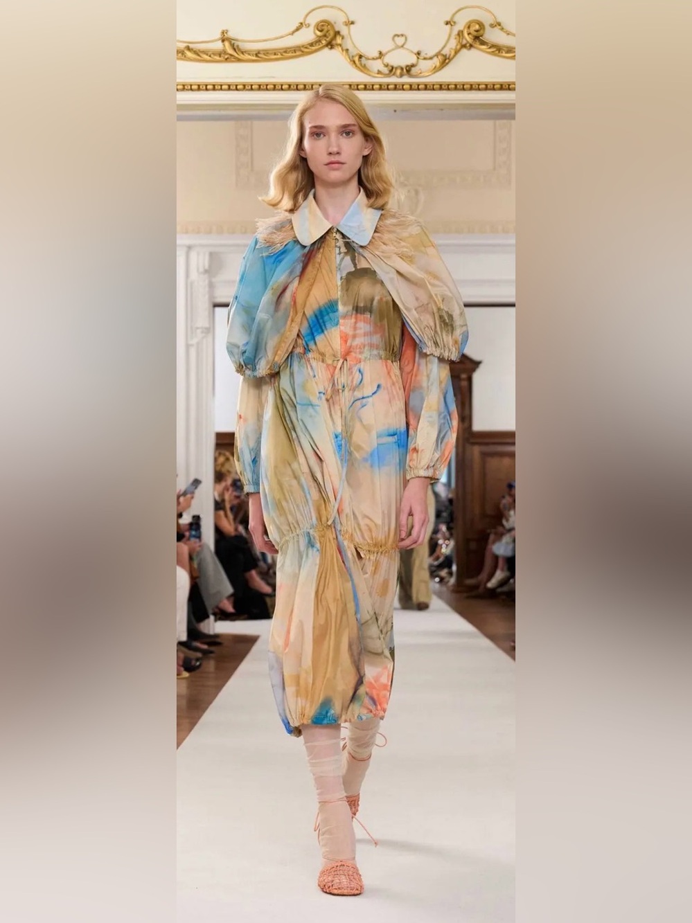 Ulla Johnson Pastel Watercolor Long Sleeve Coat Dress in Blue and Cream